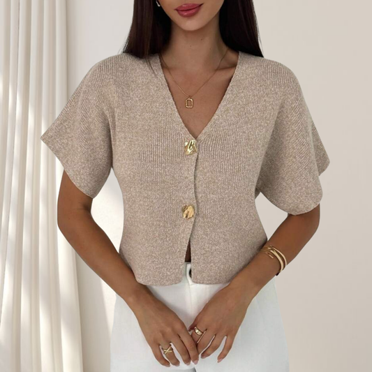 Cardigan beige à bouton doré